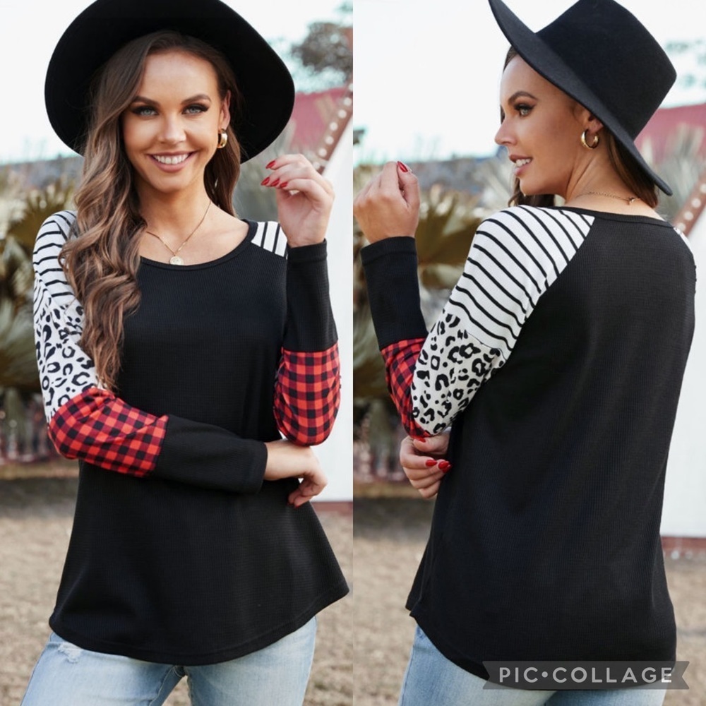 BLACK Crew Neck Print Splice Waffle Knitted